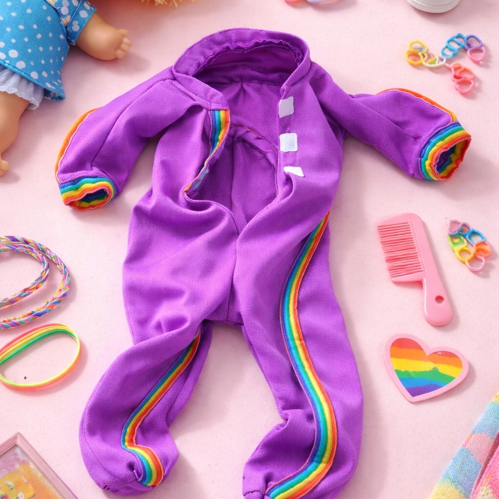 Vintage 1980s Coleco Cabbage Patch Kids Poseable Jumpsuit Rainbow Trim Purple